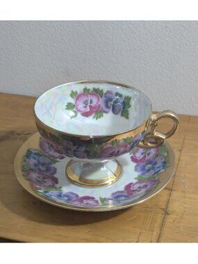 Royal Sealy Pansy Lusterware Footed Tea Cup & Saucer Japan Gold Trim Vintage